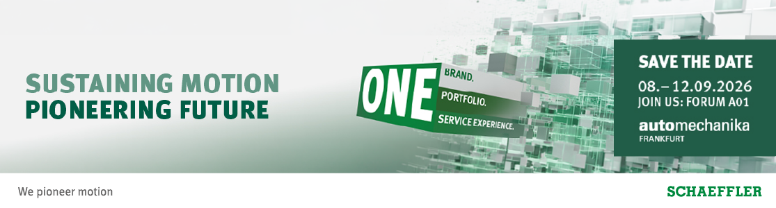 Schaeffler banner for Automechanika Frankfurt 2026: "Sustaining Motion, Pioneering Future" — One Brand, One Portfolio, One Service Experience. Save the date: 8–12 September 2026, Forum A01.