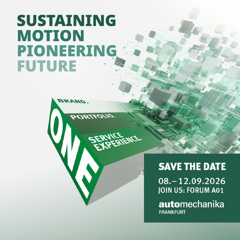 Schaeffler banner for Automechanika Frankfurt 2026: "Sustaining Motion, Pioneering Future" — One Brand, One Portfolio, One Service Experience. Save the date: 8–12 September 2026, Forum A01.